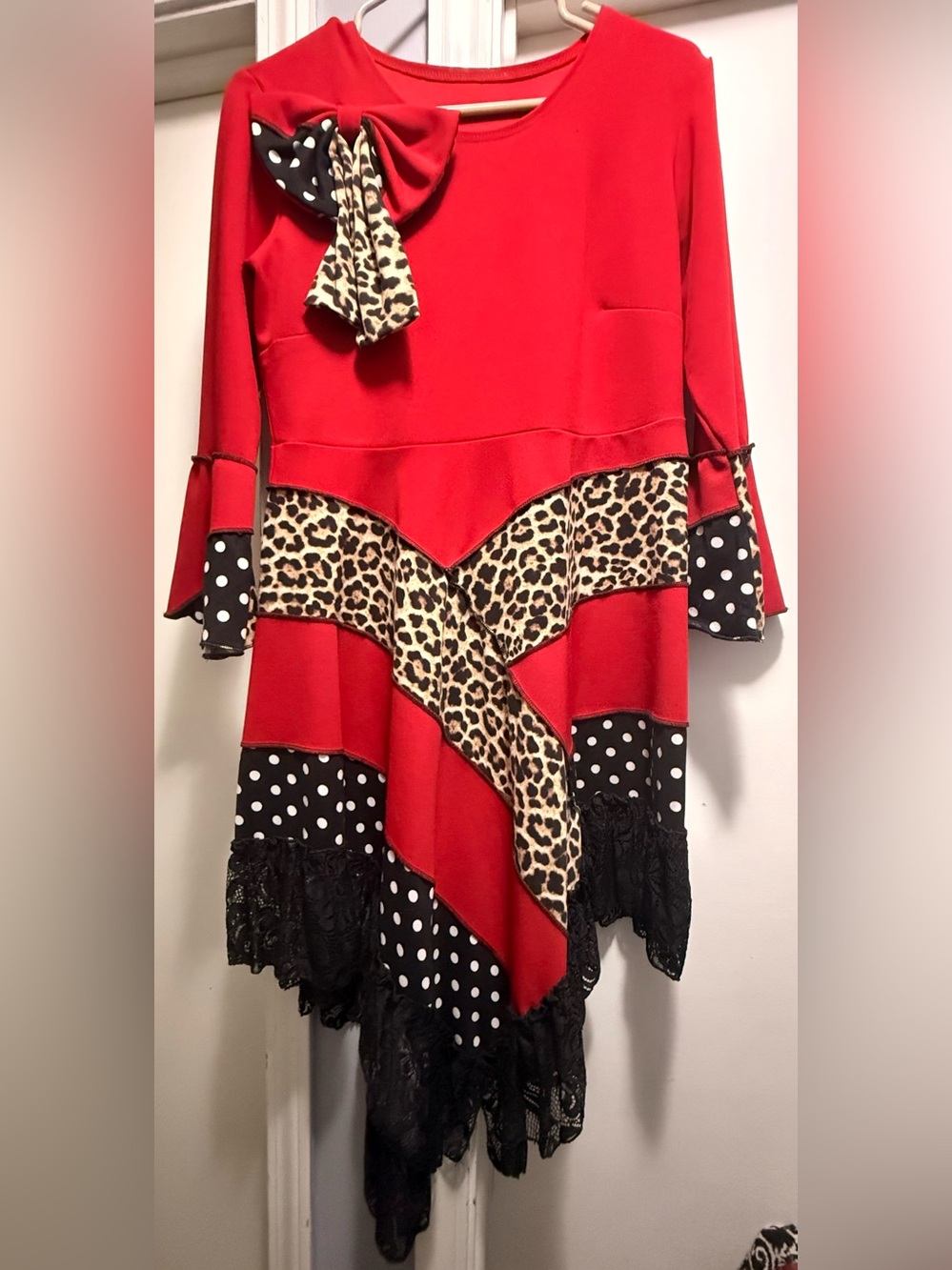 Red Mixed-Print Asymmetric Hem Blouse with Leopard & Polka Dot Details